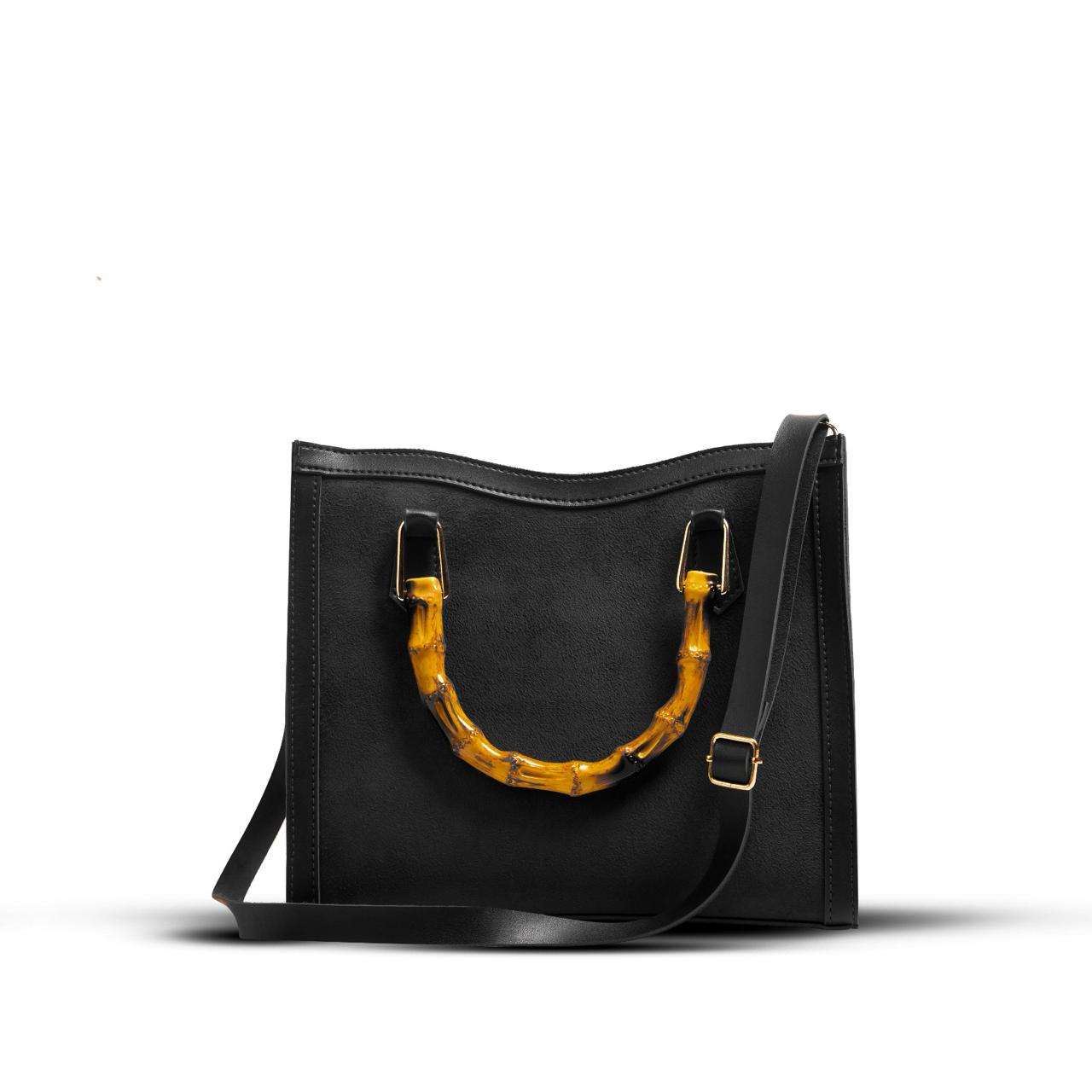 MELTON BLACK BAG WITH WOODEN HANDLE