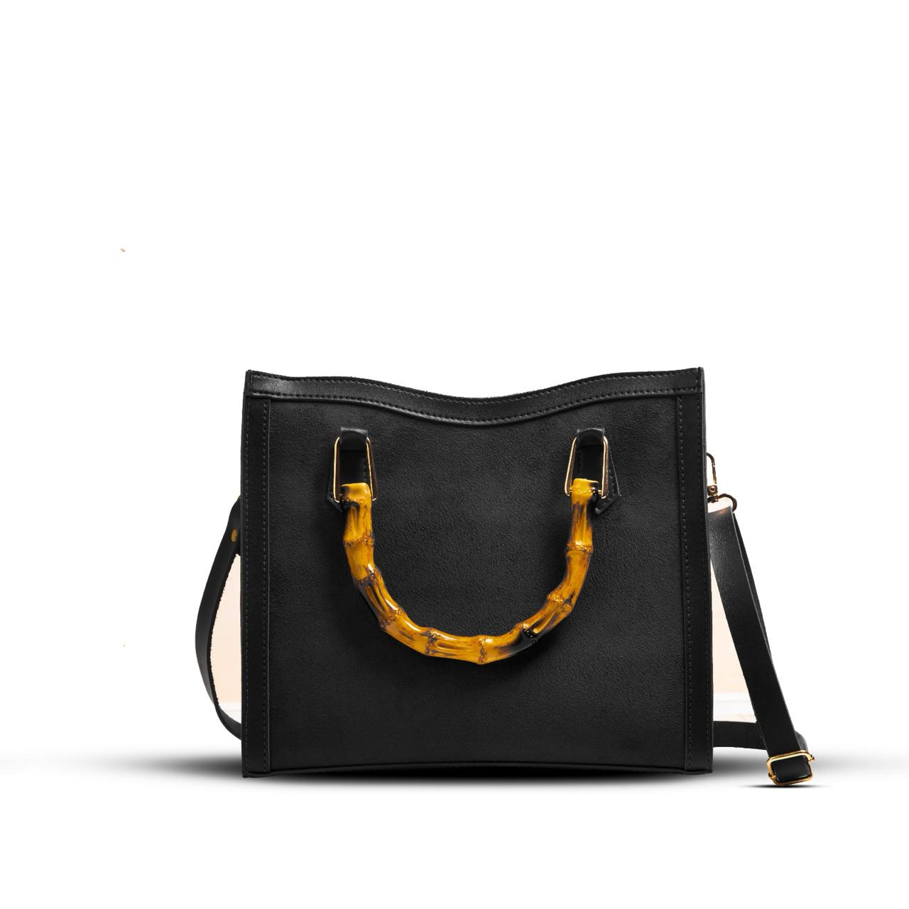 MELTON BLACK BAG WITH WOODEN HANDLE