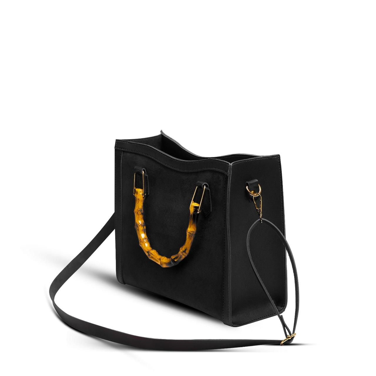 MELTON BLACK BAG WITH WOODEN HANDLE