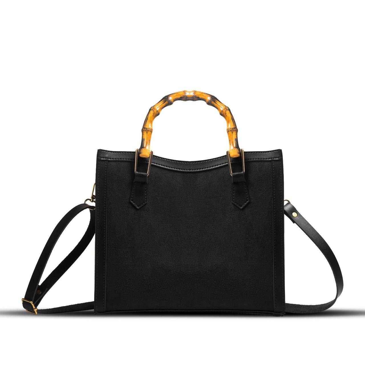 MELTON BLACK BAG WITH WOODEN HANDLE